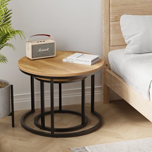 Color Brown Nesting Coffee Table Set of 2, 23.6 Round Coffee Table Brown Wood with Adjustable Non-Slip Feet, Industrial End Table Side Tables for Living Room Bedroom Balcony Yard
