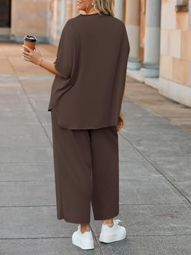 Image of Beautife Women's Plus Size 2 Piece Outfits 3 /4 Batwing Sleeve Capelet Crew Neck Pullover Top Wide Leg Pants Lounge Set