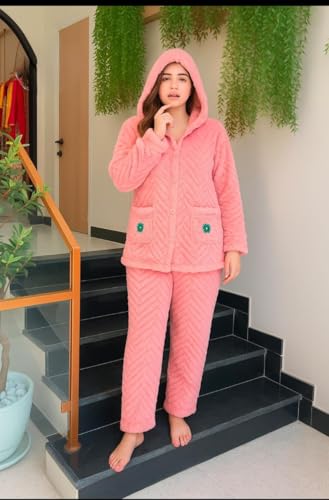 Image of Ukal Women's Wool Blend & Fleece Long Sleeve Pullover Hoodies Set Full Length Winter Nightwear Pajama and top Set Tracksuit Gym Suit Night Suit