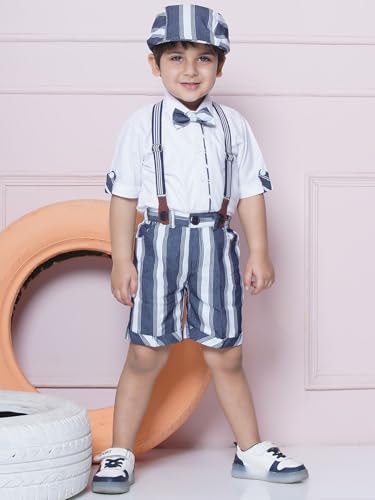 Image of AJ DEZINES Kids Cotton Blend Stripes Shirt Shorts With Cap and Suspender Set For Boys