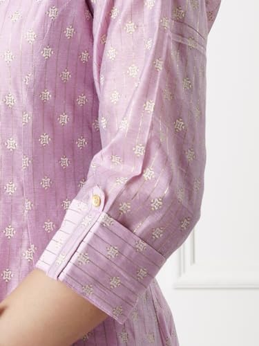 Image of rangita Off White Chanderi Calf Length Printed Flared Kurti for Women | Kurta for Women