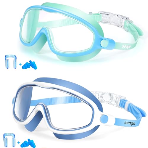 Seago Kids Goggles for Swimming 2 Pack Outer Eye Fit with Wide View UV Protection Crystal Clear Watertight Swim Goggles with nose cover Suitable for Youth Boys Girls Age 3 to 14 No Leaking Anti-Fog