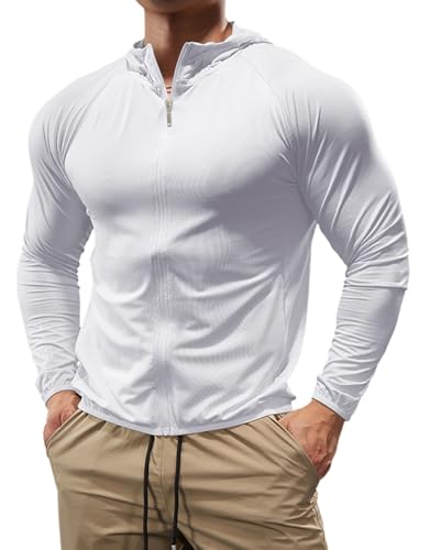 Hommes Sports Sweat à Capuche Zip intégral Veste Léger Fitness Manches Longues Chemises pour Course à Pied Hauts Blanc XL
