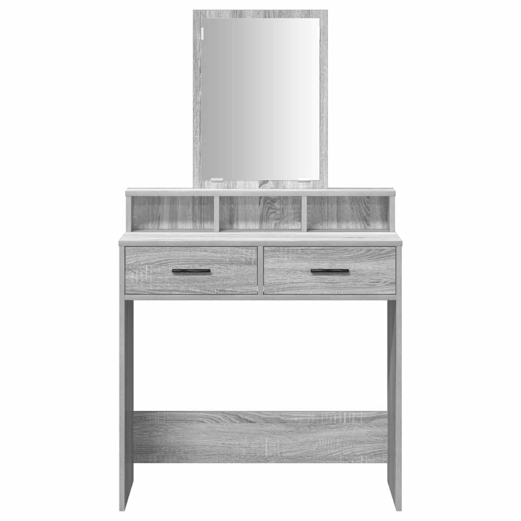 Tavolo da trucco grigio Sonoma in legno ingegnerizzato 79 x 41 x 140 cm con specchio piano e 2 cassetti, mobiletto consolle salvaspazio per camera da letto