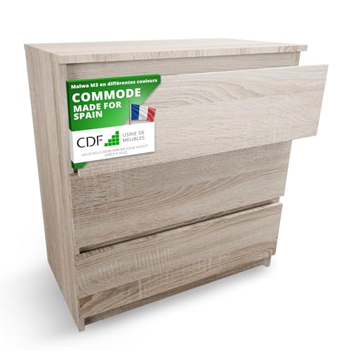 CDF Commode 3 Tiroirs Commode Chambre Chêne Sonoma Design Minimaliste Meuble de Rangement Spacieux pour Chambre Salon Bureau Spacieuse et Design Style Moderne...