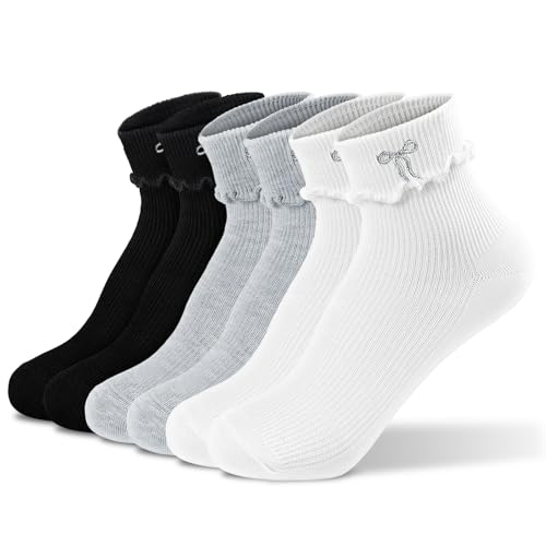 Mcool Mary Women's Ankle Socks Thin Ruffle Casual Cotton Frilly Breathable Cute Knit Lettuce Socks Embroidery Bow 3 Pack Size 5-9