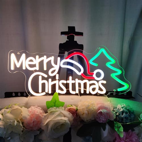 Image of Merry Christmas Neon Signs for Wall Decor, Christmas Hat & Tree Neon Signs, Led Lighted Signs for Home, Living Room, Bedroom, Happy Party & Bar Decoration, 16.9 inch x 7.5 inch