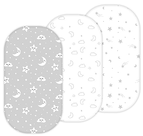 TANSY PANDA Bassinet Sheets for Munchkin Brica Pod, 4moms MamaRoo, Nordmiex, Beberoad Travel Bassinet, 3PC, 18 x 30 Inch, Ultra Soft, Breathable, Snug Fit, Unisex Boys and Girls (Moon, Stars, Clouds)