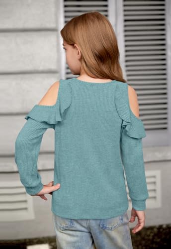 Girls Fall Cold Shoulder Knit Shirts | Long Ruffle Sleeve Crew Neck Casual Cozy Pullover Top, 6–14 Years2