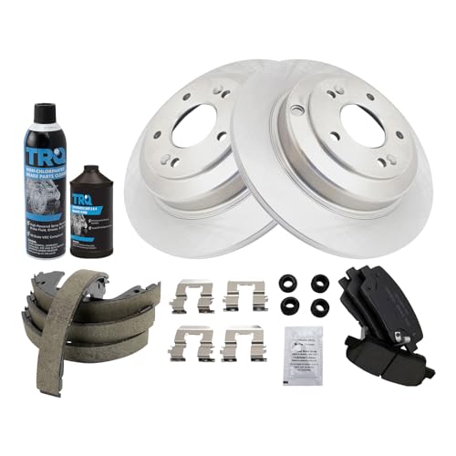 Image of TRQ Rear Brake Pad & Rotor Kit, with Chemical Kit Parking Brake Shoe Set Ceramic Compatible with 2010-2014 Hyundai Genesis Coupe