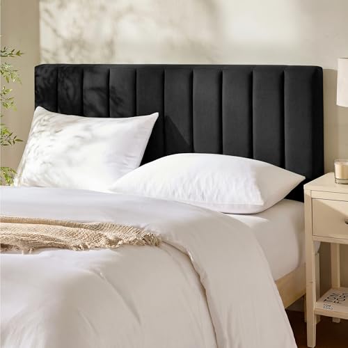 Hearth & Harbor Upholstered Queen Headboard - Easy Assemble Channel Stitched Headboard Queen Size - Wall Mounted Headboards with 3D Soundproof Wall Panels Peel & Stick Floating Headboards Black