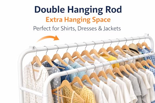 Image of Raawan Heavy Duty Double Rod Clothes Rack with Side Storage Shelves | Metal Garment Stand Organizer | Space Saving Cloth Hanger Stand for Bedroom, Living Room & PG (2 LAYER WHITE)