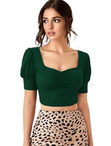 Image of Sweetheart Neck Ruched Front Puff Sleeve /Half Sleeve Streachable Solid /Plain Slim Fit Crop top for Women | Women's Slim FIT Crop TOP | Tops for Women