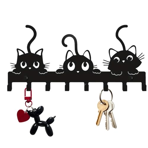 Porte Clef Mural Chat 25,9x12 Cm Porte Clef Mural Avec 8 Crochets Porte-clés Muraux Noir Pour Couloir Entrée Cuisine Auto-Adhésifs Ou À Percer Pour Ranger Petits Objets Écharpe Chapeau Dans L'entrée