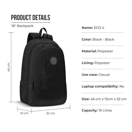 Image of Gear Eco 4 18 inch /19L Medium Water Resistant Daypack | Casual Backpack | Travel Backpack for Men /Women (Black - Black)