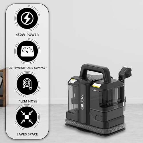 Vonia Limpiador de Tapicerías y Alfombras 450W – Aspiradora de Manchas Portátil con Doble Depósito XL (1080ml/850ml), Succión 11kPa y 2 Boquillas. Ideal para Sofás, Coche y Mascotas, Negro - imagen 2