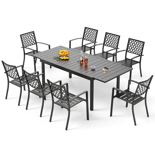 Image of PHI VILLA 9 Pcs Outdoor Dining Table& Expandable Metal Table | Rectangular Metal Dining Table and 8 Bistro Metal Chairs for Patio, Deck, Yard