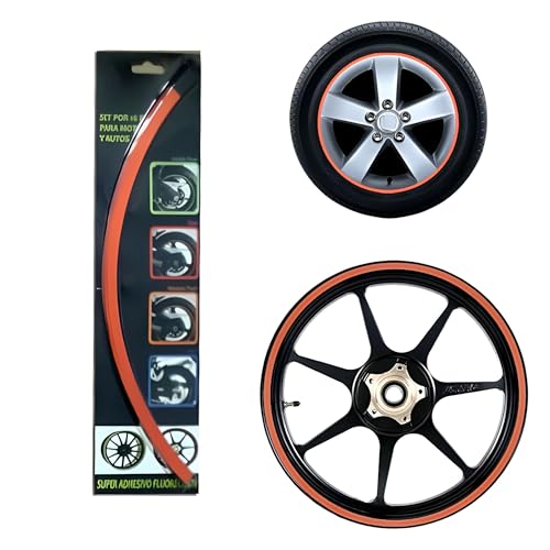 Image of Wheel Rim Fluorescent Adhesive Stickers for Bike & Car | Universal Fit | 16 pcs Strip Set | Waterproof Reflective Rim Tape for Stylish Look & Safety (Orange)