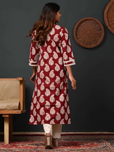 Image of Rimeline Women's Cotton Printed Kurta with Lace Yoke Detail | Elegant Straight Fit Ethnic Wear for Office, Casual & Daily Styling
