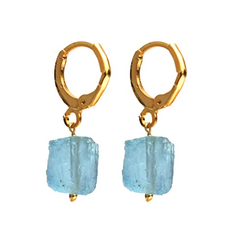 Gempires Raw Aquamarine Hoop Earring, Handmade Gemstone Jewelry, 14K Yellow Gold Plated, Dangle Earring For Women (Aquamarine) #TOP25