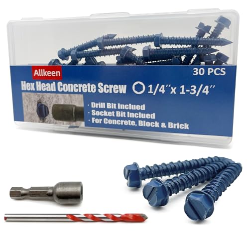 Allkeen 1/4" x 1-3/4" Hex Head Concrete Screws, Anchoring to Masonry, Brick, Block, Cement or Stucco, 30PCS