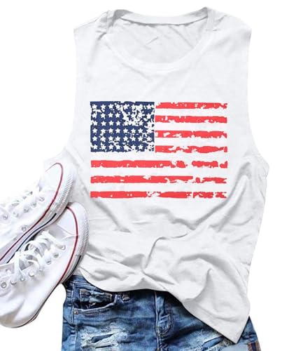 FAYALEQ American Flag Print Tank Tops Women USA Stars Stripes Patriotic T Shirt Summer Loose Vest Tees