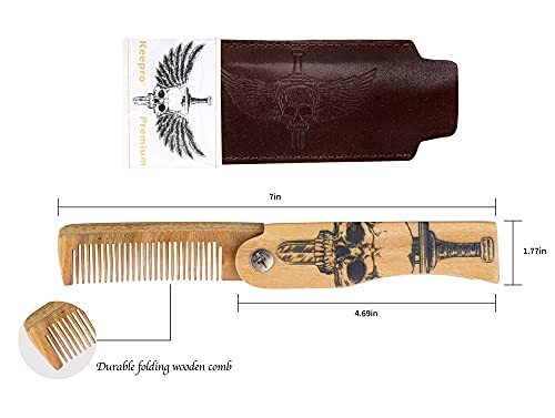 Folding Wooden Hair Comb With Wide Tooth Mens Comb For Curly Hair For Detangling Better Wooden Beard Comb For Men For Beard Care Idea Beard Products For Mustache Ideal Dad Father's Day Gift For Men For Dad For Step Father For Best Friend For Boyfriend For Husband Pocket Size Travel Kit (Death Angel) #TOP2