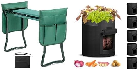 iPower 2024 Upgraded Garden Kneeler and Seat, with Sturdy Soft EVA Foam Pad, 2 Tool Pouch and 1 Apron, Hold 330lb, 5-Pack 10-Gallon Potato Grow Bags Planter Pots with Handle, Flap and Visual Window