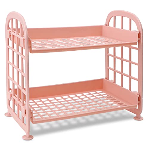 Image of Desktop Rack Cosmetic Stationery Storage Holder, 2-Tier Multifunctional Plastic Shelf Makeup Organizer for Skincare Office Kitchen Bedroom Bathroom Home (Pink)