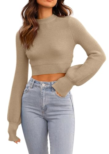 Image of Womens Sexy Crew Neck Cropped Sweaters Knit Long Sleeve Crop Tops Pullover | Ribbed Knit, Long Sleeve, Crop Tops, Pullover,Crew Neck