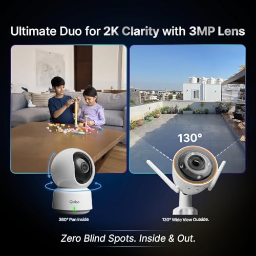 Image of Qubo Smart Outdoor Bullet + 360 Indoor Camera Combo| Free 1-Year Subscription | 3MP 2K Resolution | WiFi CCTV | AI Person Detection | NightPulse Vision | 1 TB SD Card + Cloud Backup [Pack of 2]