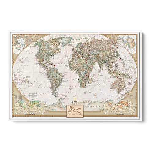 Image of Executive World Push Pin Map - National Geographic Antique Style Canvas Travel Tracker - Framed Wall Decor - White Float Frame - 24 inch x 36 inch