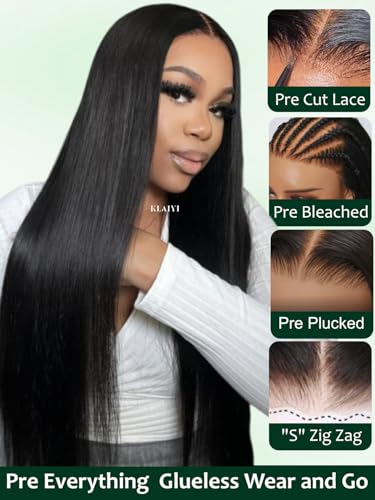 Image of KLAIYI Silky Straight Pre Everything Glueless Precut 13x4 Lace Front Wigs Human Hair Drawstring Pre Plucked Bleached Bye Bye Knots 30S Ready to Wear and Go Wigs for Black Women Natural Hairline 16Inch
