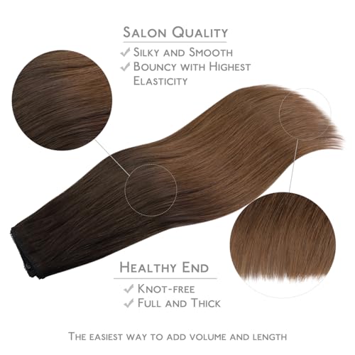 Image of WENNALIFE Wire Hair Extensions Real Human Hair 14 inch 75g Ombre Dark Brown to Light Chestnut Brown Remy Hair Extensions Invisible Transparent Wire Fish Line Straight Real