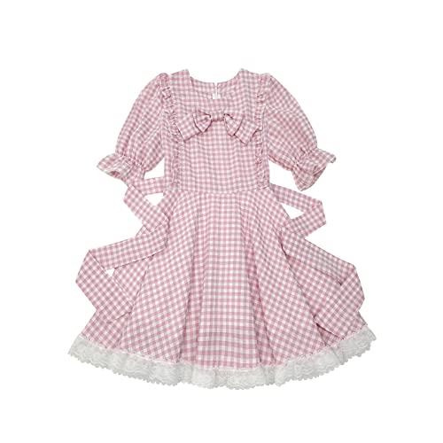 Sweet Lolita Dress Teens Princess Casual Kawaii Plaid Ruffle Lace Puff Sleeve Bandage Bow Short Dresses