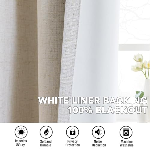 Image of H.VERSAILTEX Linen Curtains 100% Blackout Curtains for Bedroom 90 inch Long Full Light Blocking Nature Linen Blended Window Curtains for Living Room Nickel Grommet (2 Panels, Heathered Natural)