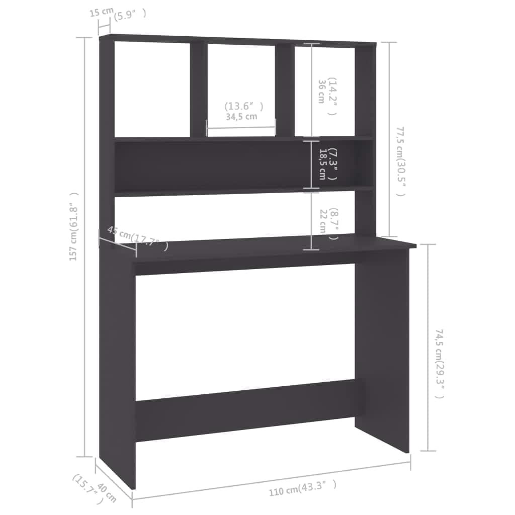 Scrivania con ripiani, in legno, 110 x 45 x 157 cm, salvaspazio, per ufficio, casa, studio, con molto spazio, ripiano, cassetto, ideale come scrivania per computer e segretario