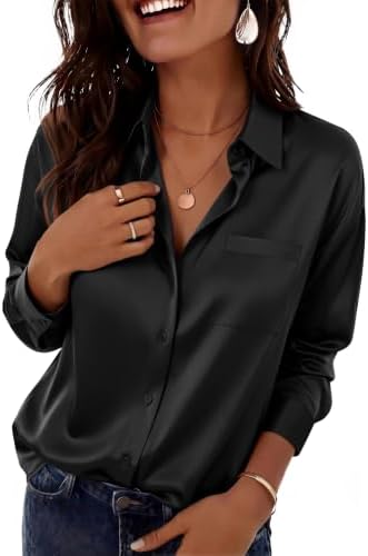 Zeagoo Satin Bluse Damen V-Ausschnitt Elegant Langarm Hemd mit Knöpfe S-XXL | Business Satinbluse | Einfarbig Hemden | Casual Oberteile | Langarmshirt | Festliche Blusen | Hemdblus