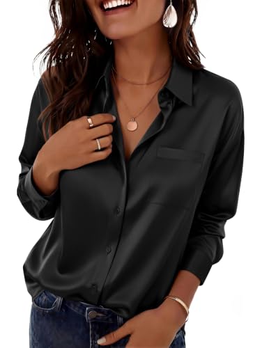 Zeagoo Damen Bluse Satin V-Ausschnitt Langarm Hemden Elegant Business Oberteile Einfarbig Basic Tops Schwarz L