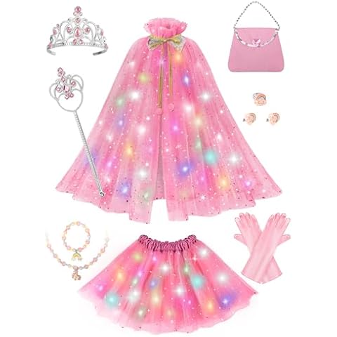 Phobby Princess Dress Up for Girls Aged 3 4 5 6, Light Up Princess Cape & Skirt with Purse, Girl Costume for Party Christmas Birthday Gift (Pink) Cover