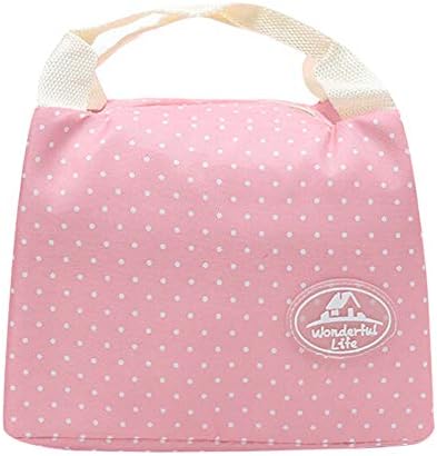 KFSO Lunch Bag Clearance Sale! Square Insulated Cold Canvas Dot Stripe Picnic Carry Case Thermal Portable Zipper Lunch Bag (Pink)