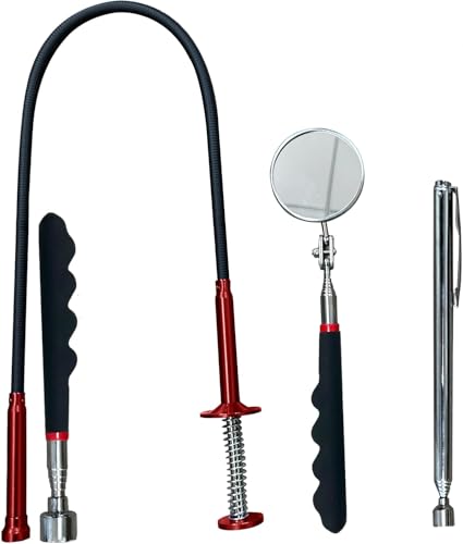Heavy Duty 4-in-1 Telescoping Magnetic Pickup Tool Set — Flexible Claw Grabber, 16LB Magnet Stick, 2LB Pocket Magnet Pen, 360° Inspection Mirror for Mechanics and DIY