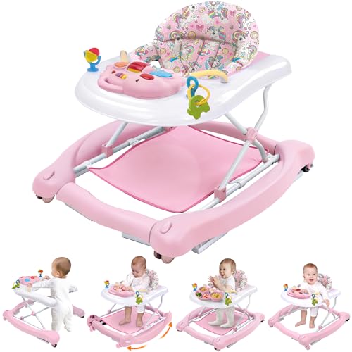 Image of Foldable Baby 5-in-1 Activity Walker - Rocker, Activity Center, Bouncer, Seat Walker, Push Walker - Adjustable Speed Rear Wheels and Height Toys Ages 6-18 Months(Pink)