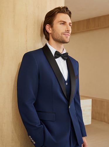 WULFUL Men's 3 Piece Suits Slim Fit Tuxedo Suit Set One Button Shawl Lapel Blazer Jacket Vest Pants Set for Prom, Business4