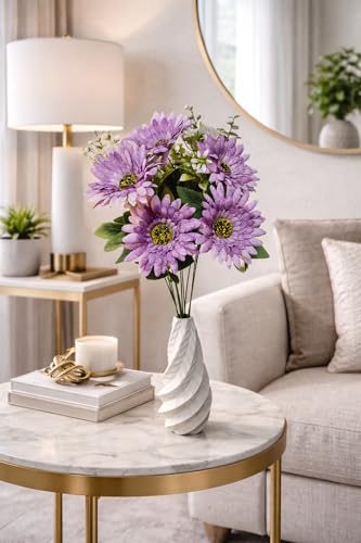 Image of Premium Combo Artificial Purple Daisy Flower Bouquet with Designer Ceramic Vase | Snowflake Fabric Real Touch Flowers | Luxury Home Decor for Living Room Bedroom Office Center Table(ND-16)
