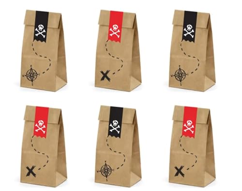Lot de 6 sacs cadeaux pirates pour anniversaire, carte de chasse au trésor, garçon et fille, sac cadeau en papier kraft pour bonbons, cadeaux d'invités