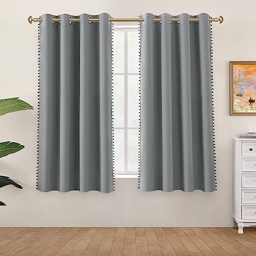 Image of Amazon Brand - Umi Velvet Eyelet Door Curtains with pom pom Lace for Living Room Bedroom Kitchen 2 pc Pack in Silver Color (Windows - 4 feet x 4 feet)