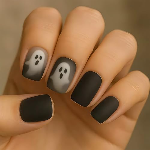 Black Press On Nails Short Halloween Nails Square Short Press-On ...