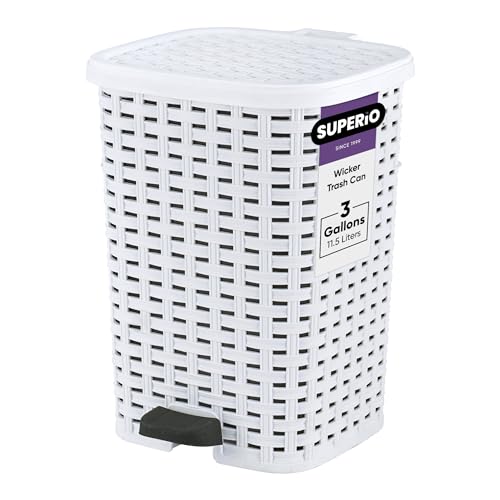 Image of Superio Small Outdoor Trash Can with Lid for Dog Poop 3 Gallon /12 L Mini Plastic Garbage Can with Foot Pedal for Bathroom, Bedroom, Office, Patio, Wicker White