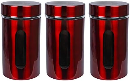 3Pcs Glass Storage Jars (800ml) with Stainless Steel Coating, Canister Set for Chai/Sugar/Coffee (Red)
